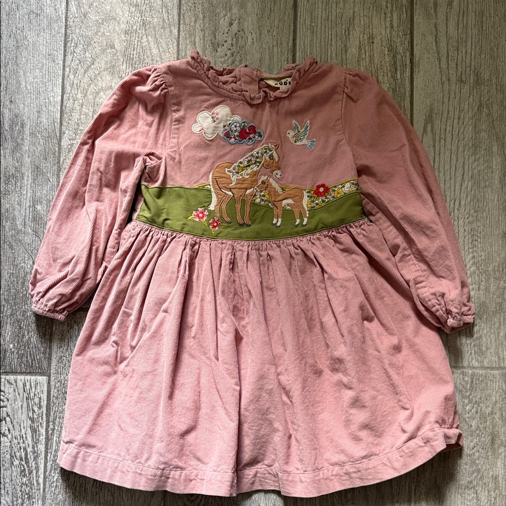 EUC Mini Boden-Pink Long-Sleeve Dress with Animal Embroidery